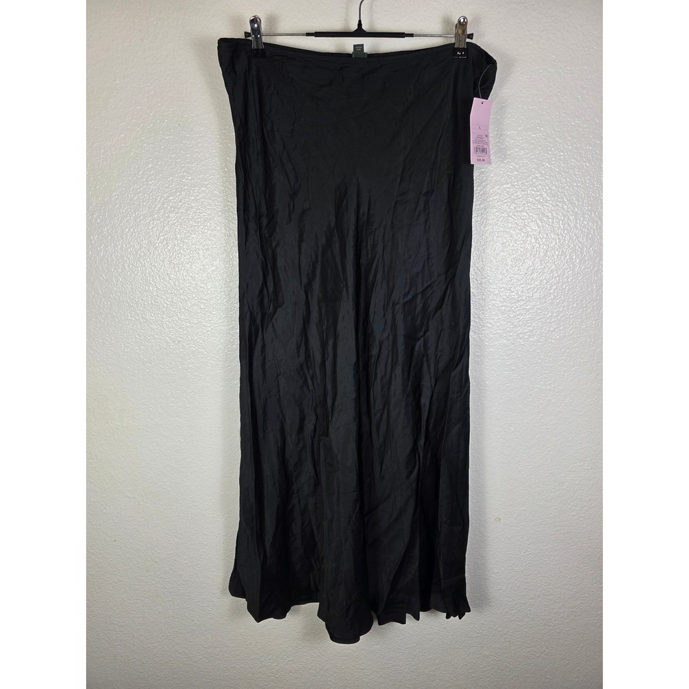 Wild Fable Black Satin‎ Midi Skirt Women Large High Waisted Bias Cut Rayon